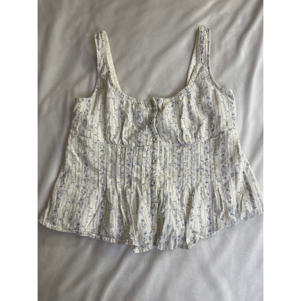 Kirious Los Angeles Floral Stripe Babydoll Top Blue White Sleeveless Button S